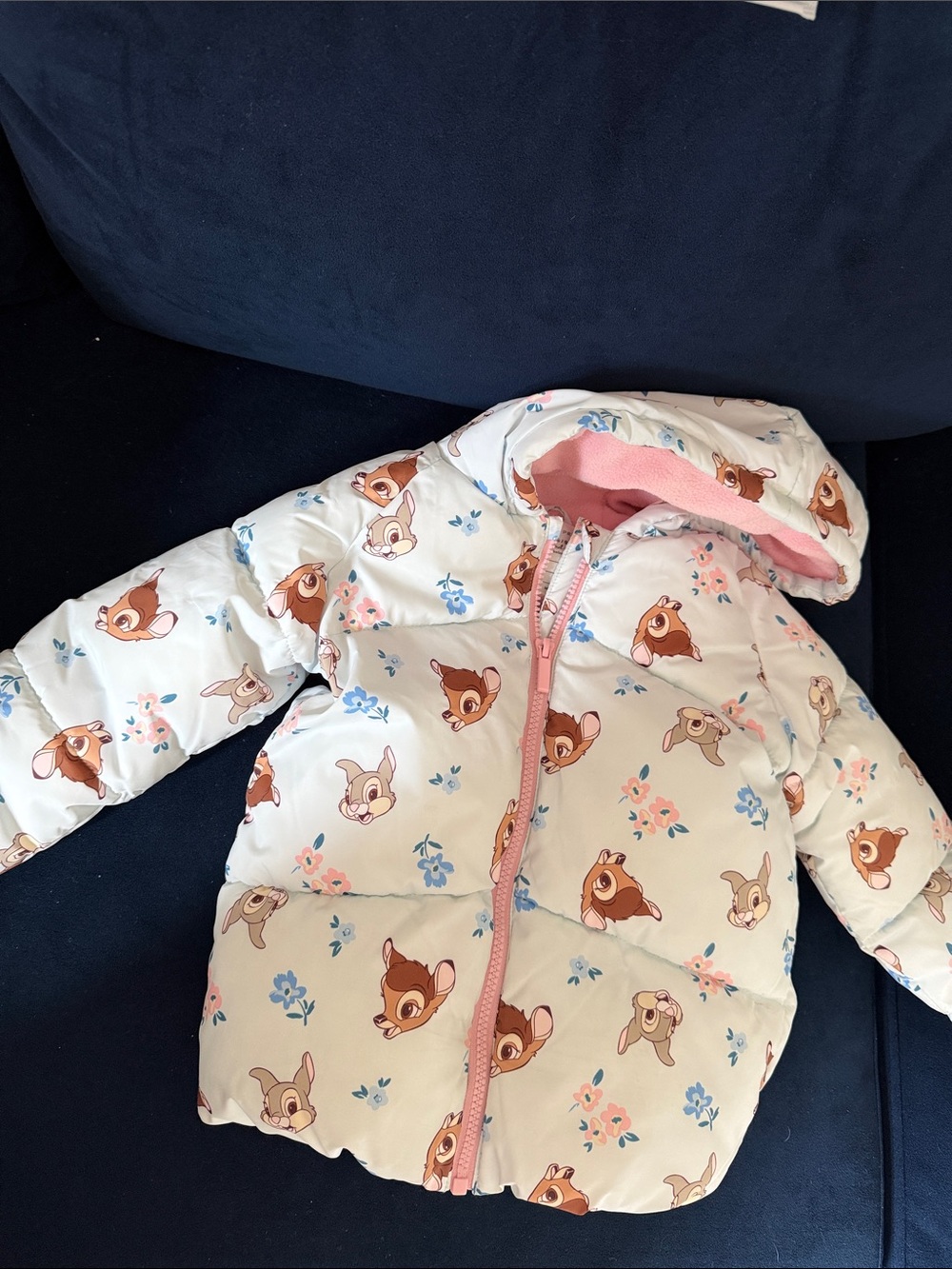 Cute Bambi Print Puffer Jacket in Cream & Pink